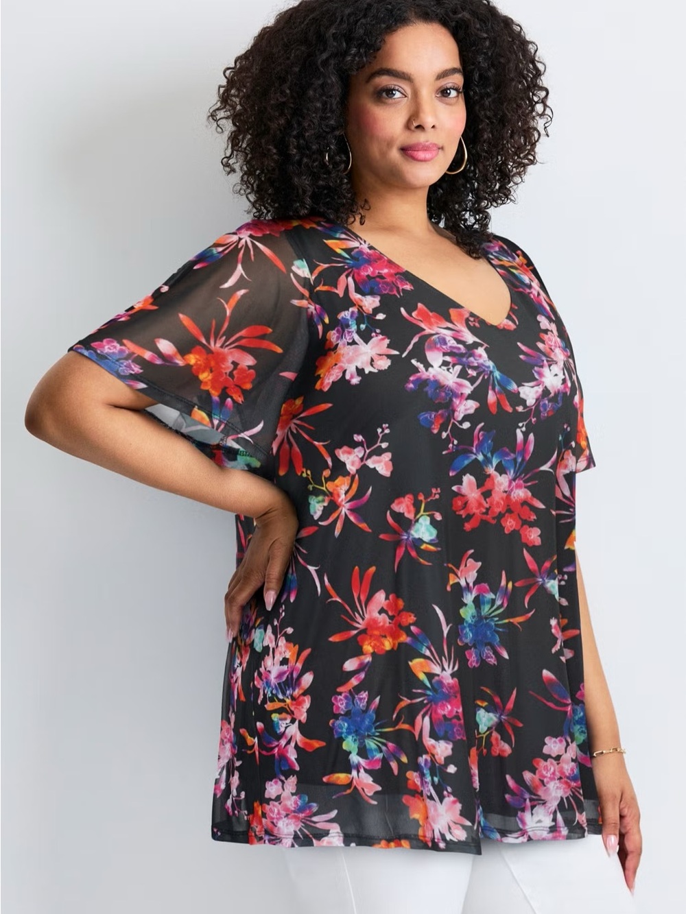 Avenue Plus Size Black Floral V-Neck Tunic Mesh Top